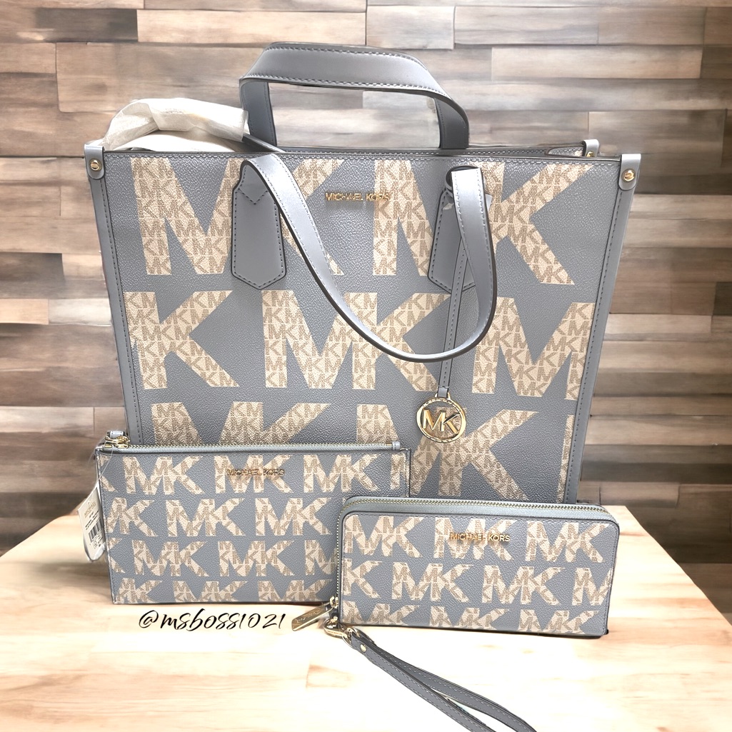 Michael Kors Pale Blue Multi Lg Ns Tote + Wallet + Wristlet Nwt